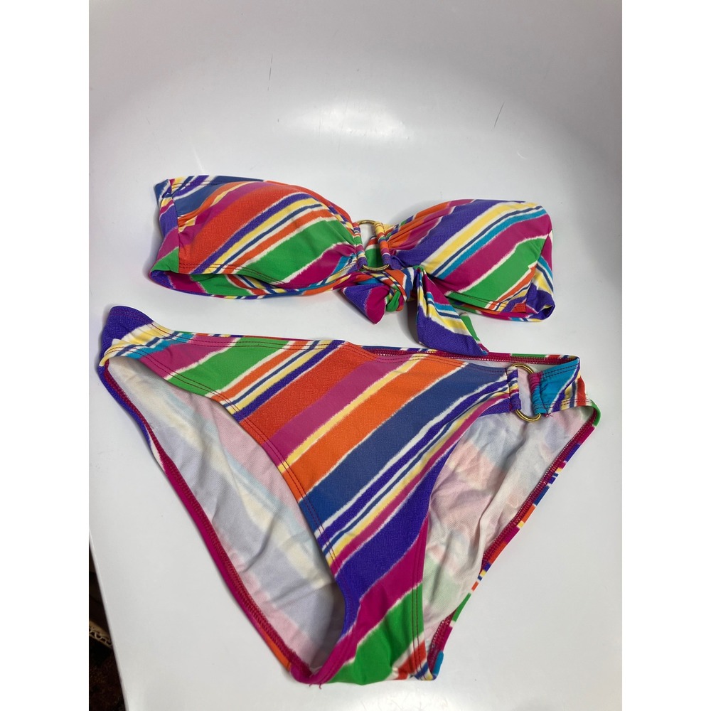 Lauren Ralph Lauren Bikini Set Women 10/12 Multi Stripe Excellent Bandeau Ring